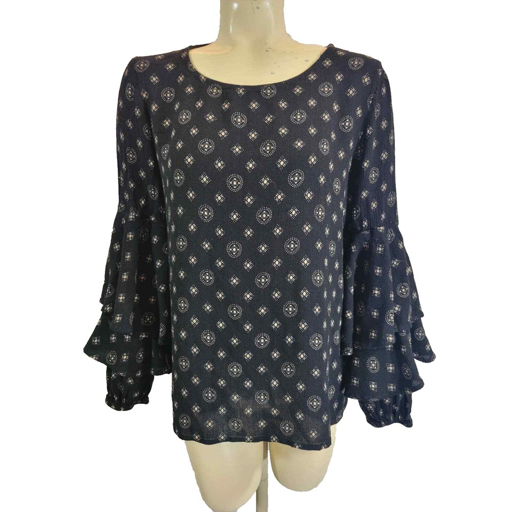 ODDI Blouse Boho Ruffle Tiered Bell Sleeve Geometric Print Black Women Medium